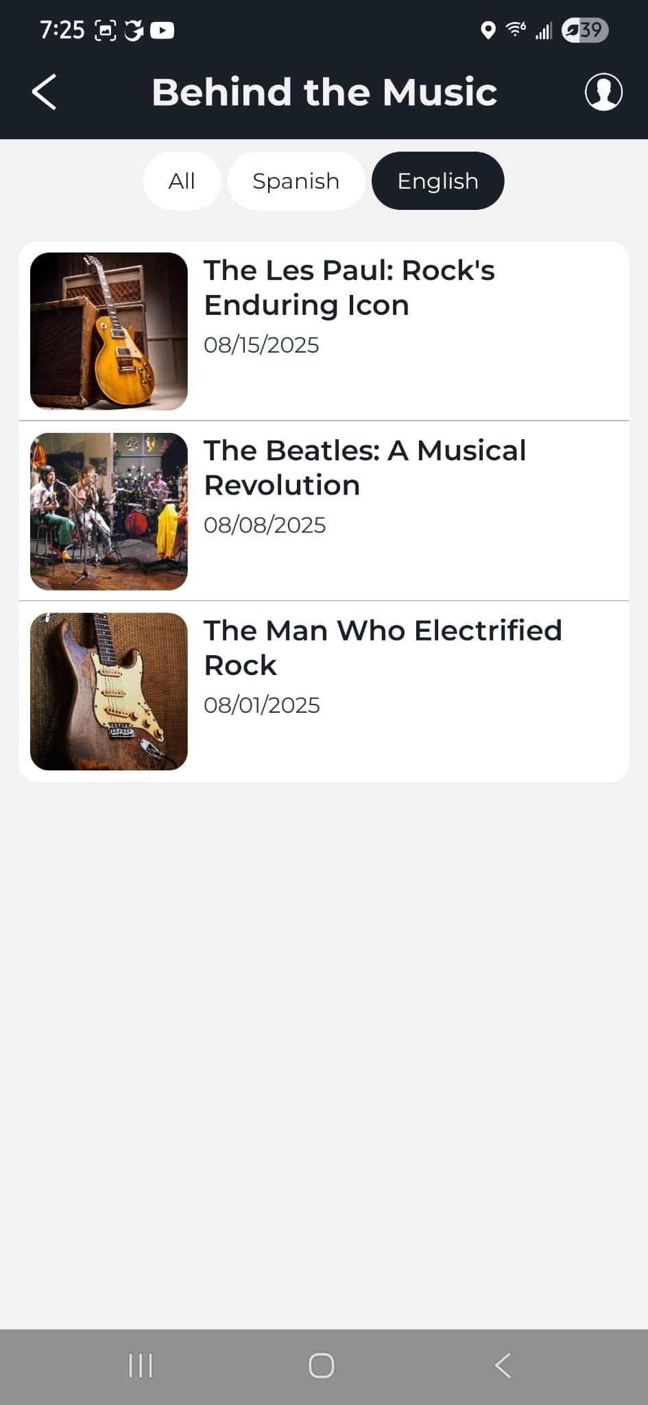 Behind the Music podcast screen showing Les Paul, Beatles, and rock history episodes