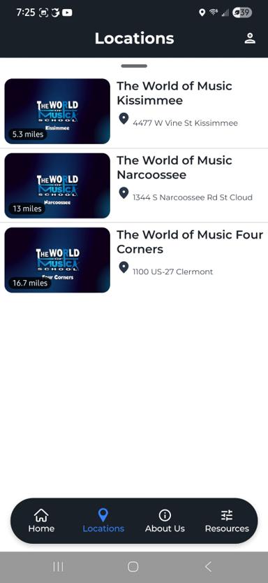Locations screen showing all three TWOM campuses with GPS distance