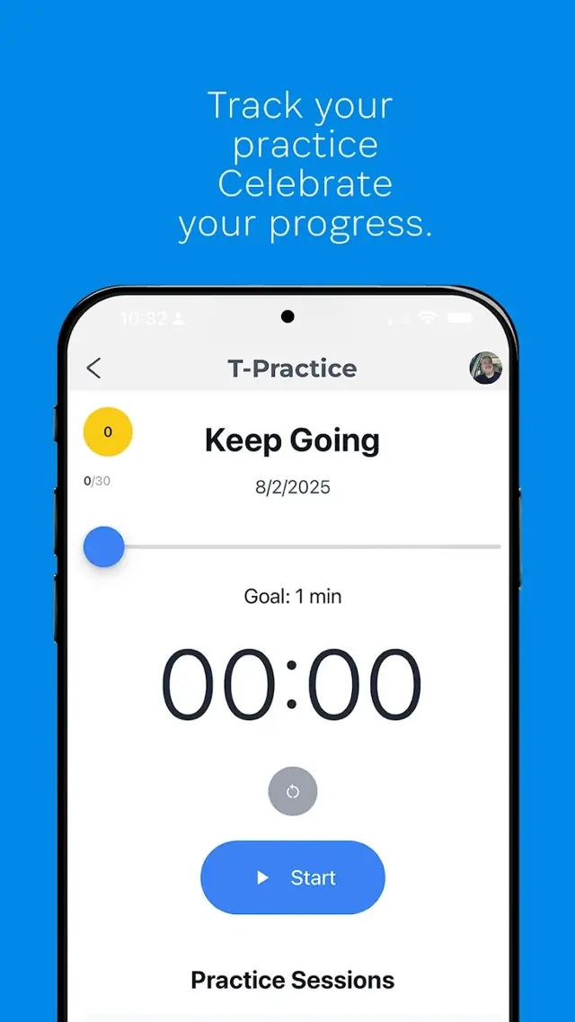 T-Practice tracker screen — Track your practice, Celebrate your progress