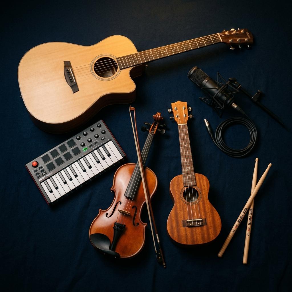 Musical instruments arranged — guitar, violin, ukulele, keyboard, microphone, drumsticks