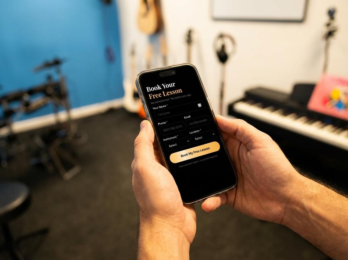 Parent booking a free music lesson on their phone at The World of Music School