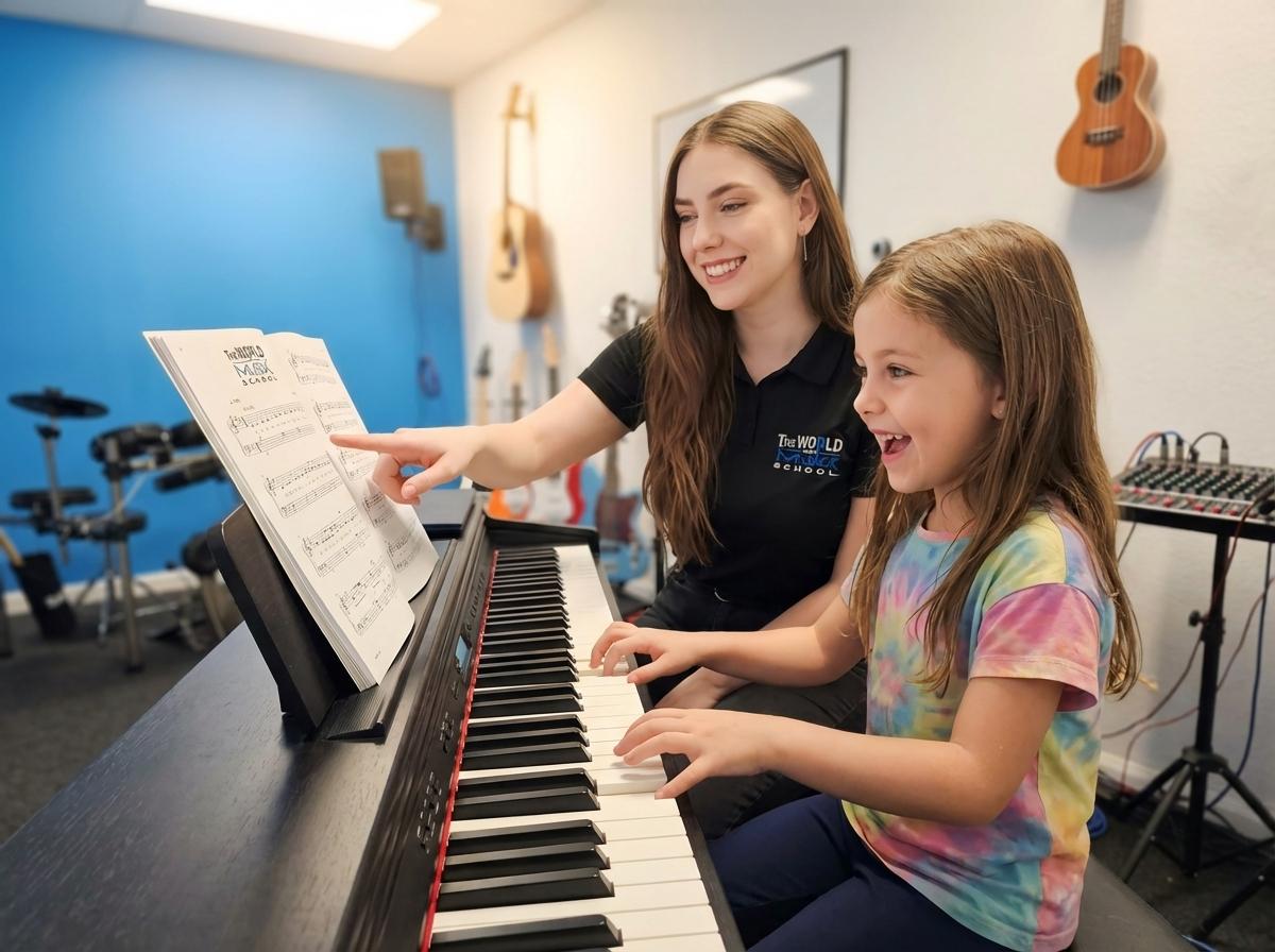 Teacher and excited student at a piano lesson at The World of Music School