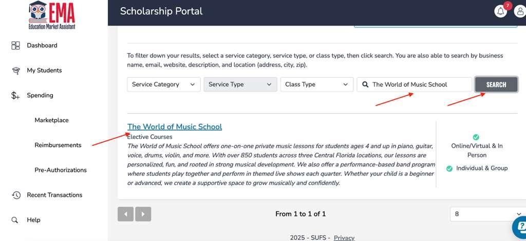 EMA search results showing The World of Music School