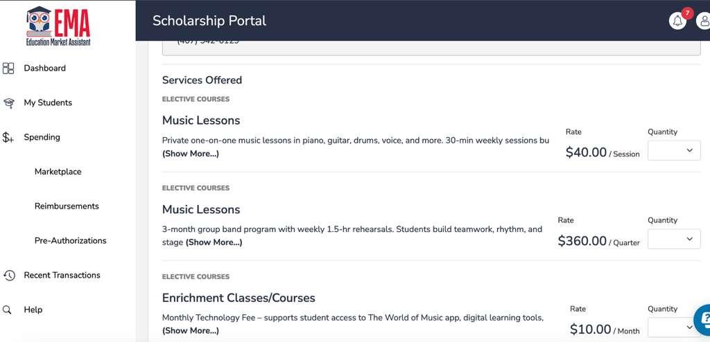 TWOM services in EMA showing Music Lessons, Band Program, and Technology Fee