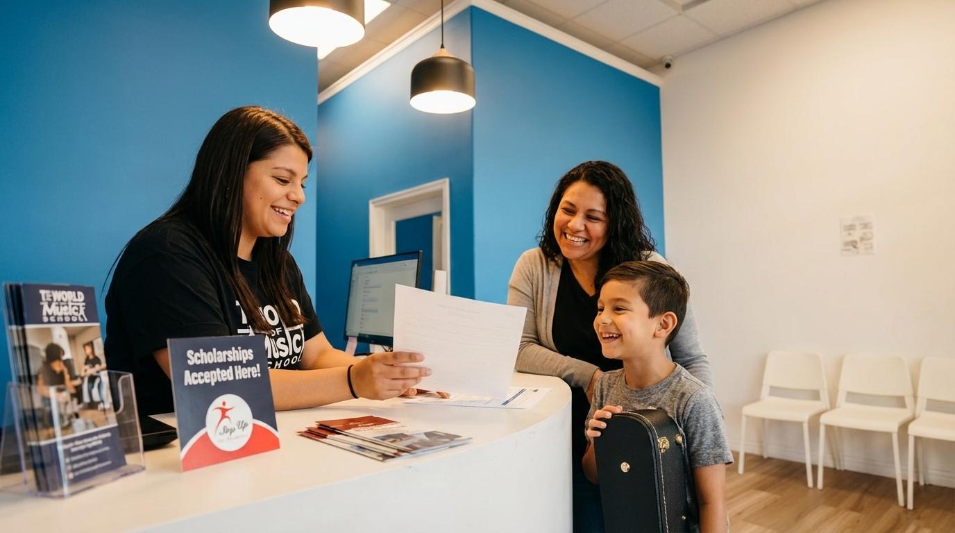 Family enrolling in music lessons with Step-Up scholarship
